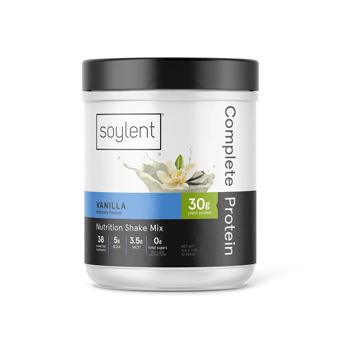 A tub of Soylent vanilla complete protein powder