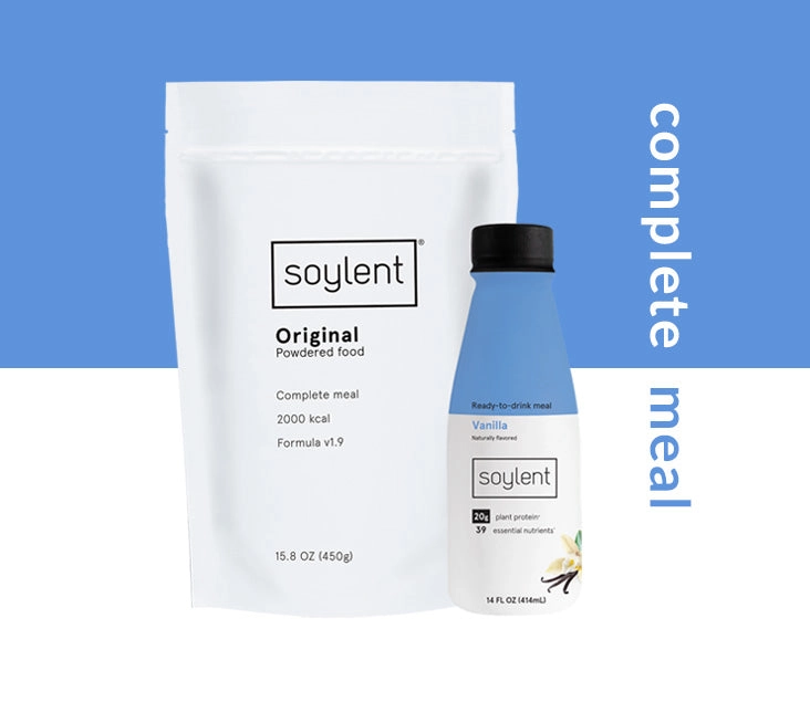 Soylent complete meal powder and bottle on a blue panel