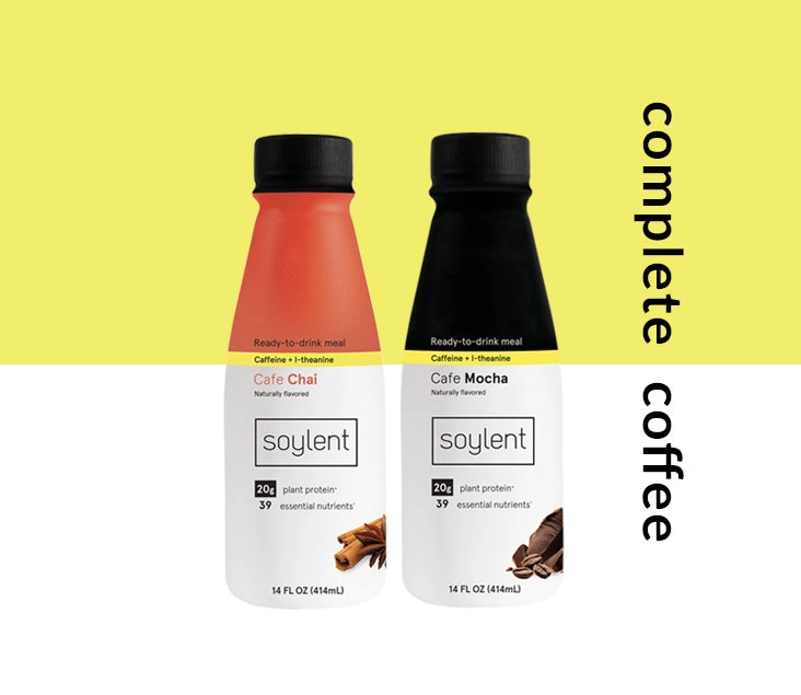 Soylent complete coffee bottles on a yellow panel