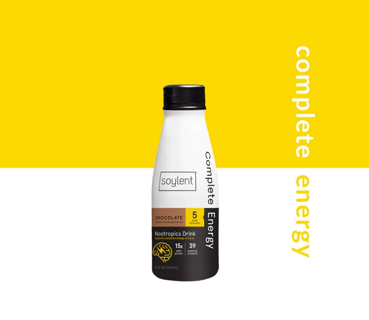 Soylent complete energy bottle on a gold panel