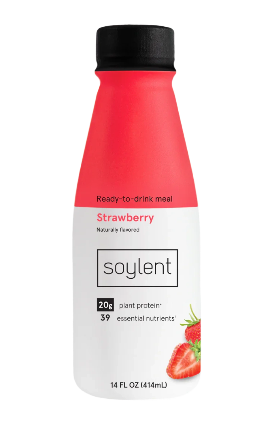 A bottle of Soylent strawberry