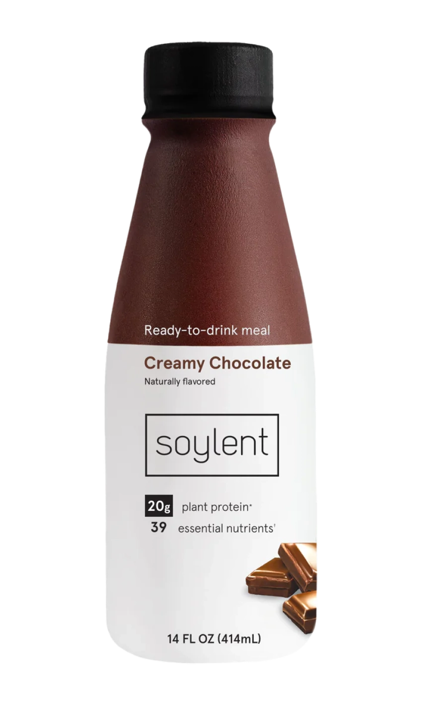 A bottle of Soylent creamy chocolate