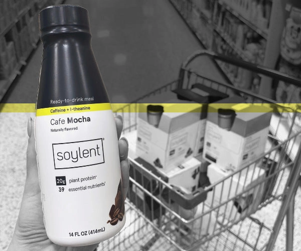 A bottle of Soylent cafe mocha in a shopping cart