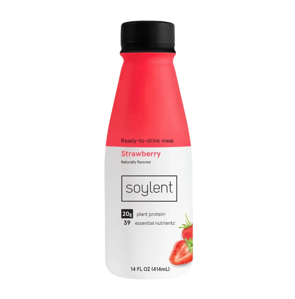 Soylent strawberry bottle with strawberries