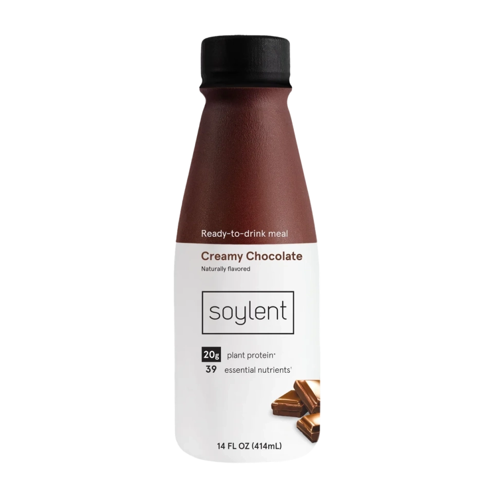 Soylent chocolate bottle with chocolate pieces