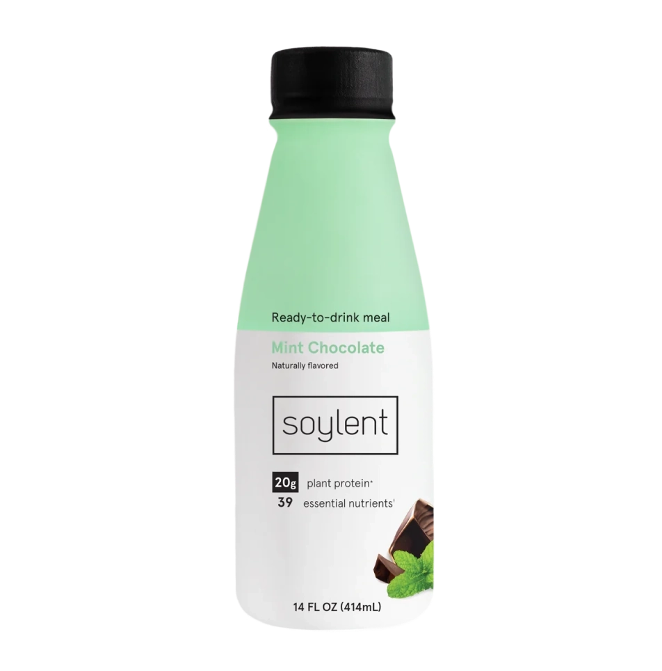 Soylent mint bottle with mint leaves