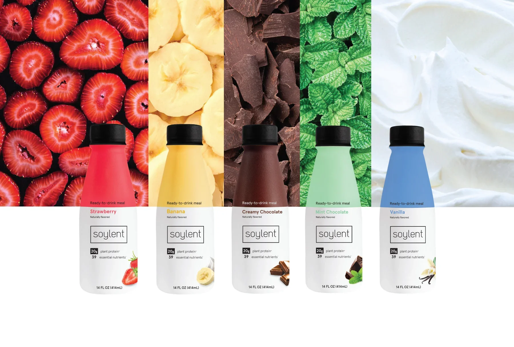 Soylent bottles lined up in front of the fruit and chocolate that flavor them