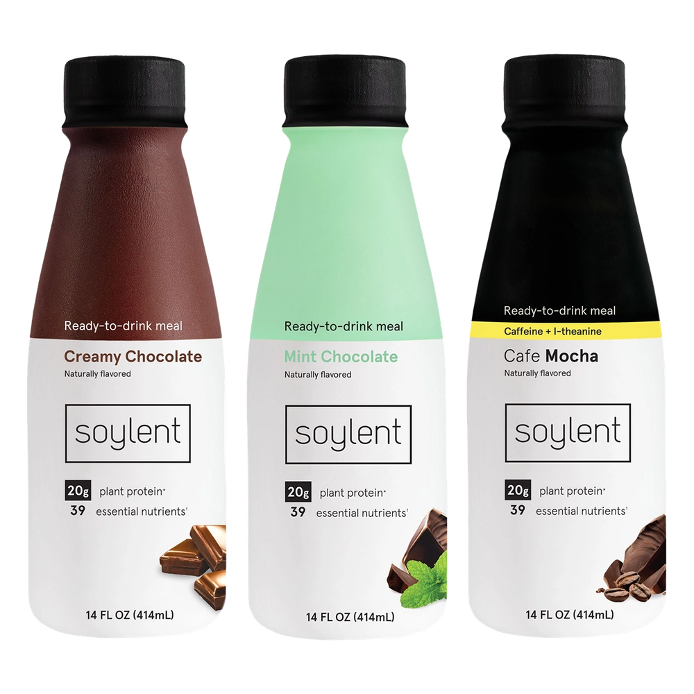 Soylent chocolate, mint and mocha bottles in a row