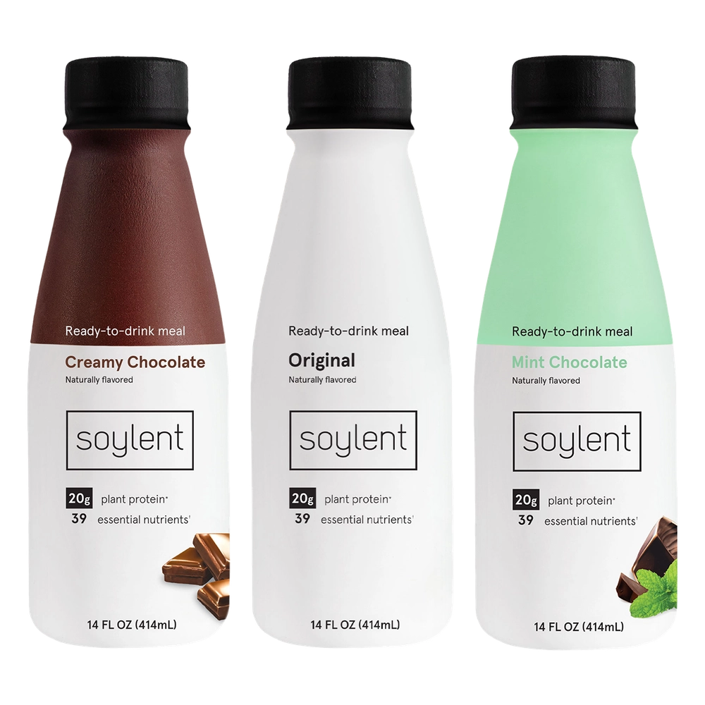 Soylent chocolate, original and mint bottles in a row